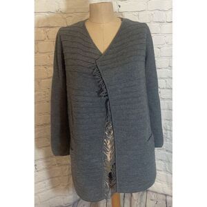 Talbots Merino Wool Cardigan Open Women Medium Petite Gray Fringe Sweater